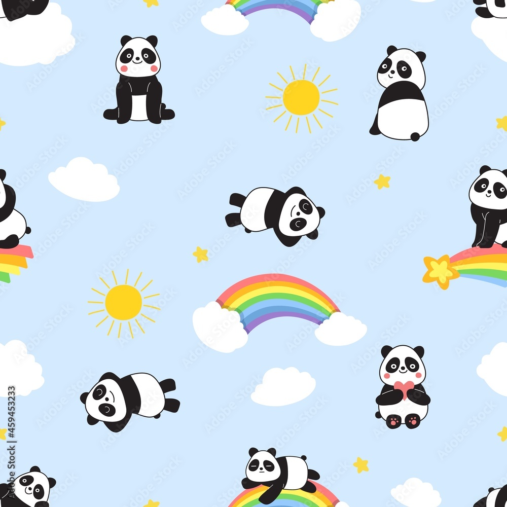 Poster cute panda print. childish seamless pattern with cartoon pandas, rainbow and sun. cartoon wild anima