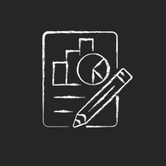 Economics chalk white icon on dark background. Graphs, diagrams, pencil. Plan, report preparation. Economics classes in schools, universities. Isolated vector chalkboard illustration on black