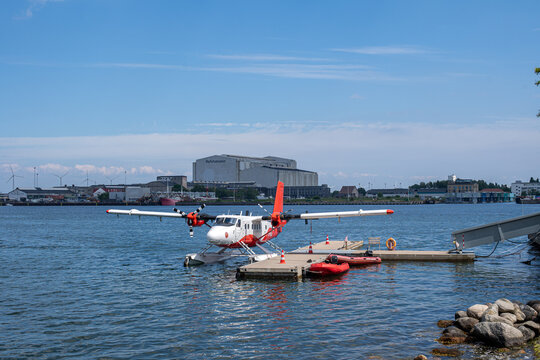 Copenhagen, Denmark - June 09, 2021: A seaplane parked at the harbor