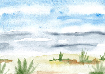 Watercolor landscape with sky, grass, beach and sea or lake. Watercolor blurred background