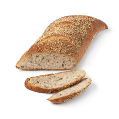 Sliced traditional Belgian sourdough loaf of bread in a special shape with seeds isolated on white background 