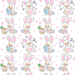 Seamless pattern with cute pink bunnies on a white background. Vector Easter illustration in children s flat style, drawing by hands. Print for textiles, print design, postcards