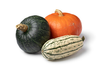  Variety of different pumpkins in autumn isolated on white background