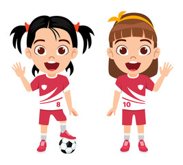 Happy kid girl footballer character standing with football and waving isolated on white background