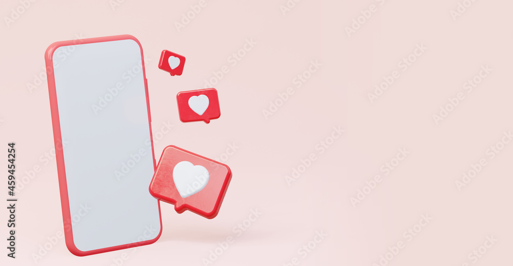Poster icon notification like heart. on mobile phone. a mockup of a phone with an empty white screen. 3d re