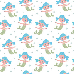 Cute little mermaids with blue hair and green tails. Seamless pattern with baby girls on a white background. Vector illustration in minimalistic flat style, hand drawing. Children s print for textiles