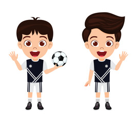 Happy kid boy footballer character standing with football and waving