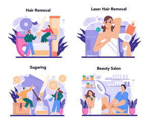 Depilation and epilation concept set. Hair removal methods. Idea of body