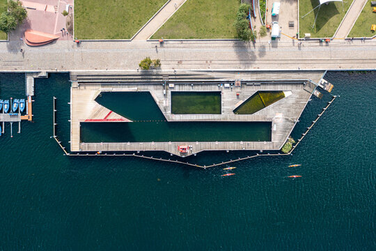 Copenhagen, Denmark - August 20, 2021: Aerial Drone View Of The Harbour Bath At Islands Brygge.