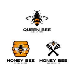 set of queen bee and honey bee logo design