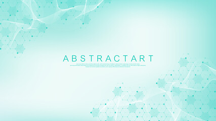 Molecular abstract structure and genetic engineering, healthcare and medicine background. Scientific research background. Wave flow, innovation pattern. Vector illustration.