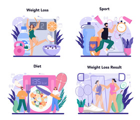 Slimming process set. Person losing weight with fitness exercise and healthy