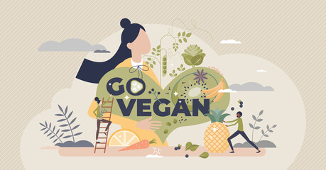 Go vegan as green and raw food eating for healthy diet tiny person concept. Lifestyle with vegetables, greens, plants or fruits consumption and exclude meat or animal products vector illustration. - obrazy, fototapety, plakaty