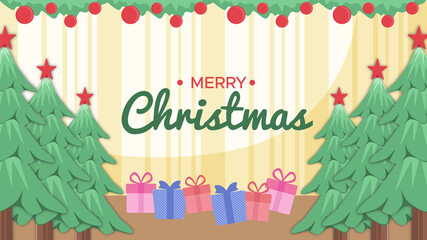 merry christmas background in the room there is a tree, gifts and merry christmas text