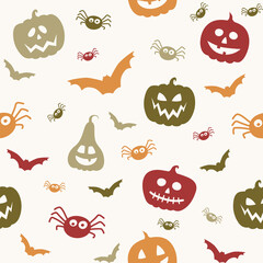 Halloween pattern with funny pumpkins, bats and spiders. Wallpaper. Vector