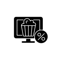 Discounts for online cinema subscription black glyph icon. Improve employee satisfaction. Providing access to entertainment service. Silhouette symbol on white space. Vector isolated illustration