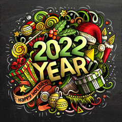 Fototapeta premium 2022 hand drawn doodles illustration. New Year objects and elements poster