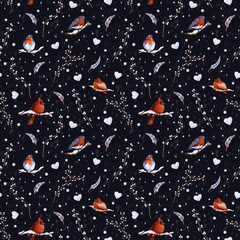 Seamless winter patterns with birds, feathers, stars, snowflakes and snowballs, twigs and branches, Christmas toys on the black background. Endless hand-painted ornaments for Christmas and New Year