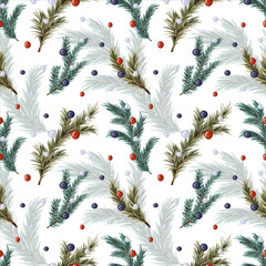 Digital hand painted seamless winter pattern with fir tree branches, and Christmas toys on the white background. Endless background for Happy New Year and Merry Christmas decor, wrapping paper