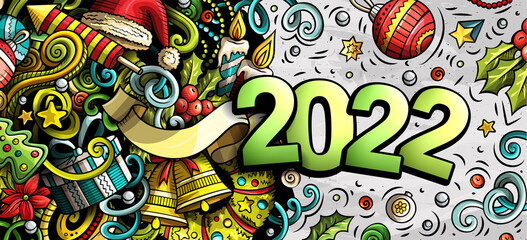 Obraz na płótnie Canvas 2022 doodles horizontal illustration. New Year objects and elements poster