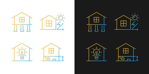 Residential building gradient icons set for dark and light mode. Electricity supply to home. Thin line contour symbols bundle. Isolated vector outline illustrations collection on black and white
