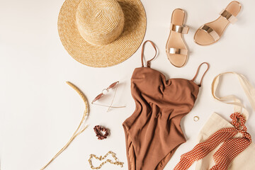 Neutral color women fashion clothes and accessories for summer vacation beach chill. Swimsuit,...