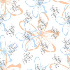 Fototapeta na wymiar Seamless pattern with hand drawn pastel light flowers in flat style,simple botanical illustration,print for wallpaper and wrapping paper,cover and interior design,fabric,white background
