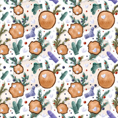 Seamless winter pattern with fir-tree branches, snowballs, Christmas toys, woodcut rings, knitted socks, and mittens on white background. Endless botanical background for wrapping paper, scrapbooking