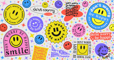 Don't worry be happy Abstract Hipster Cool Trendy Background With Retro Stickers Vector Design. - obrazy, fototapety, plakaty