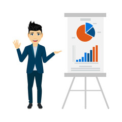 Cute businessman character pointing to presentation board sale graph  