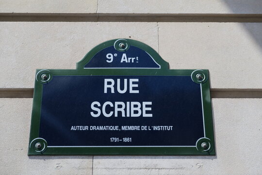 Rue Scribe. Auteur dramatique. Membre de l'Institut. 1791-1861. Plaque de nom de rue. Paris.