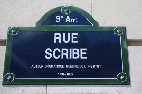 Rue Scribe. Auteur dramatique. Membre de l'Institut. 1791-1861. Plaque de nom de rue. Paris.