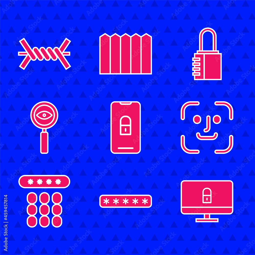 Poster set mobile with closed padlock, password protection, lock computer monitor, face recognition, magnif