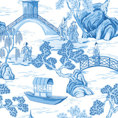 Vintage Chinese pagoda, boat, people, trees floral seamless pattern white background. Blue chinoiserie park wallpaper.