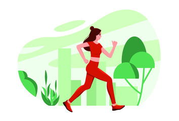 Young sportive woman running in the city park. Healthy lifestyle. Vector illustration in flat style.