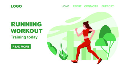 Vector web banner Running workout. Young sportive woman running in the city park. Healthy lifestyle. Vector illustration in flat style.