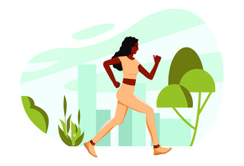 Obraz na płótnie Canvas Young sportive black woman running in the city park. Healthy lifestyle. Vector illustration in flat style.