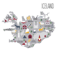 Cartoon map of Iceland, Nordic country geographic wallpaper, Icelandic landmark, animal, food national symbol, clothes vector cute illustration decorative poster, flat style for travel design and kids
