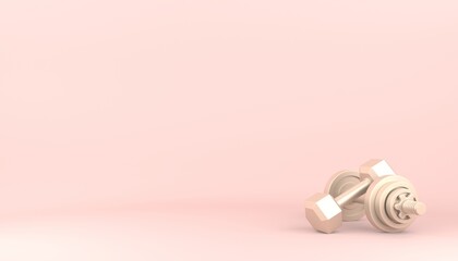 Golden dumbbells on pastel pink background. Female workout concept. 3D rendered illustration.