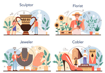 Obraz premium Artistic occupation set. Crafting process. Florist and sculptor, jeweler