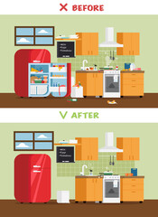 Clean and dirty kitchen with fridge, kitchen stove and sink in a cozy style. A concept for cleaning companies. Before and After Cleaning. Flat vector illustration.