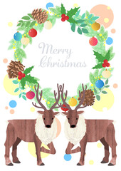 クリスマスリースとトナカイのクリスマスカード ベクターイラスト