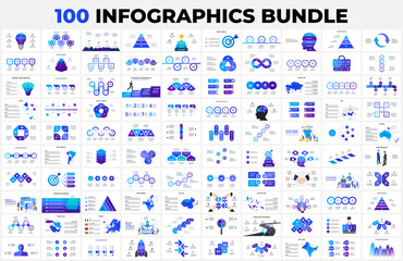 Fototapeta na wymiar Huge Infographics Bundle. 100 presentation slide templates - timelines, puzzle, education, arrows, maps, illustrations and charts. Bestsellers collection
