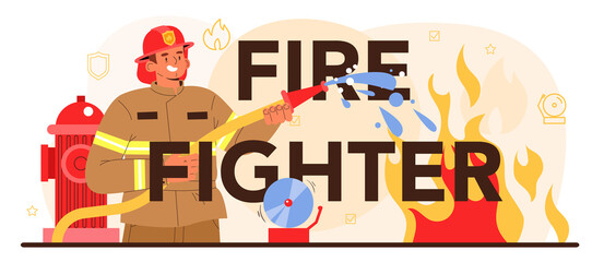 Fototapeta premium Firefighter typographic header. Professional fire brigade fighting