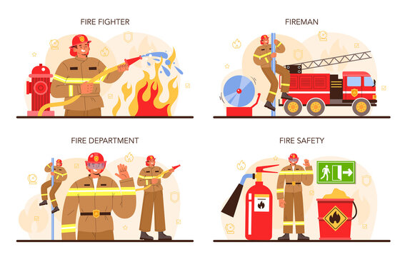 Firefighter concept set. Professional fire brigade fighting with flame.