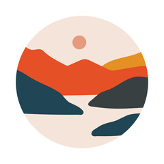 Abstract mountain highlight cover. Minimalist landscape round icon, hand drawn contemporary art. Vector illustration