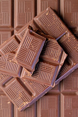 Closeup of chocolate bars and chunks for backdrop or wallpaper