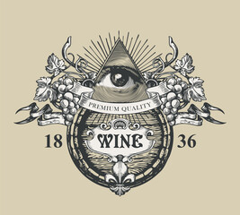 A hand-drawn vector banner with the inscription Wine, an all-seeing eye, bunches of grapes, fleur de lis and wooden barrel. Ornate wine label in the form of a vintage coat of arms on a beige backdrop © paseven