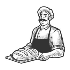 baker with bread sketch engraving vector illustration. T-shirt apparel print design. Scratch board imitation. Black and white hand drawn image.