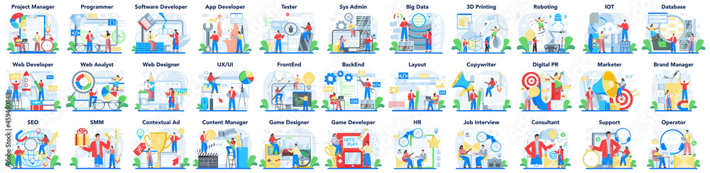Poster modern it or media profession set. programmer write software